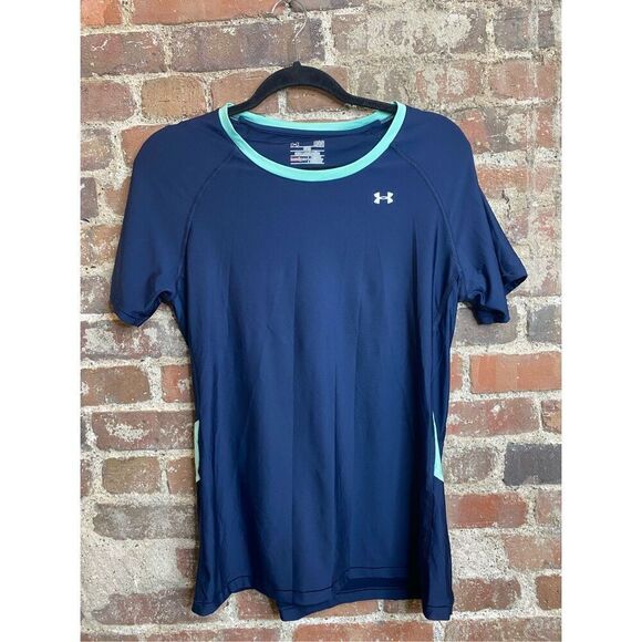 Under Armour Fitted HeatGear Navy/Aqua Scoop Neck Athletic Shirt Women’s Size La - Picture 1 of 7